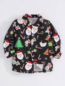 Multi-Color Santa Claus & Christmas Tree Printed Kids Long Sleeve Shirt, Black Background - Black - View 1
