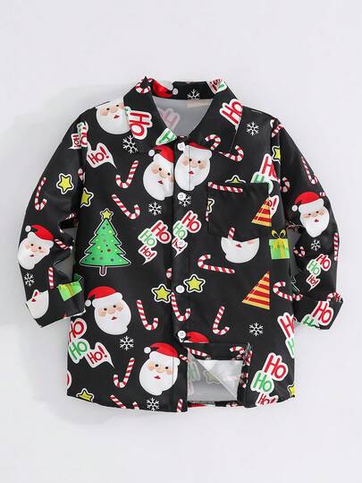 Multi-Color Santa Claus & Christmas Tree Printed Kids Long Sleeve Shirt, Black Background