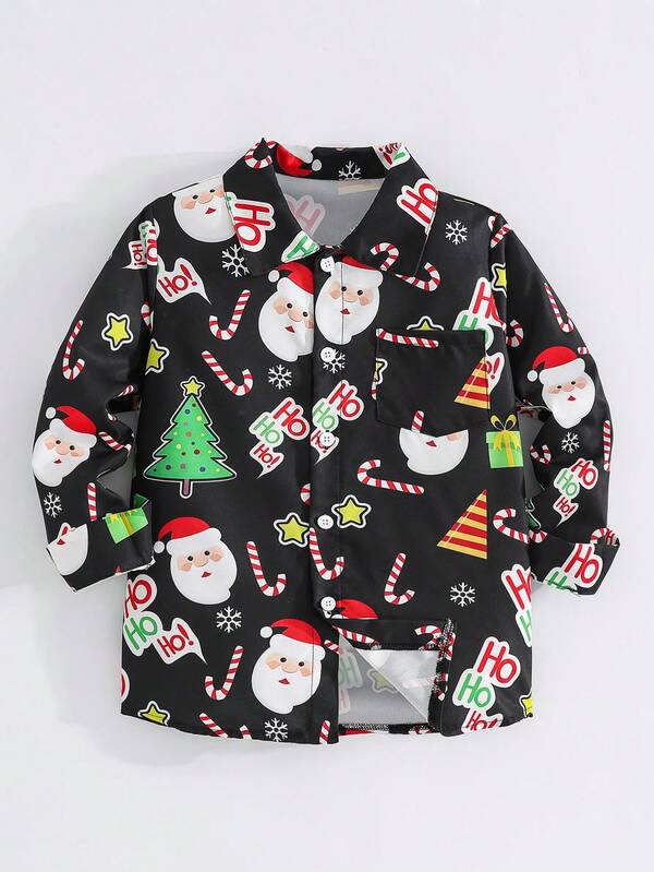 Multi-Color Santa Claus & Christmas Tree Printed Kids Long Sleeve Shirt, Black Background