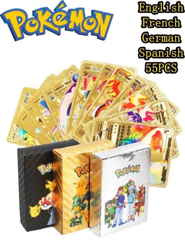 pokemon بطاقات ألعاب بوكيمون 55 قطعة، (بطاقات VSTAR GX EX VMAX) بطاقات بوكيمون مطلية بالذهب، بطاقات ألعاب أنمي باللغات الإنجليزية والفرنسية والألمانية والإسبانية، مجموعة بطاقات ترفيهية للمعارك والتبادل، ألعاب بطاقات قابلة للجمع والديكور