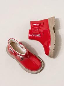 一双儿童红色蝴蝶结装饰闪亮靴子，配有毛绒衬里，适合寒冷天气、生日派对和日常服装，可与节日活动和校服搭配，女童鞋、校鞋、牛仔靴、战斗靴、女童靴、男童靴、保暖鞋、冬鞋 - 紅色 - 查看 5