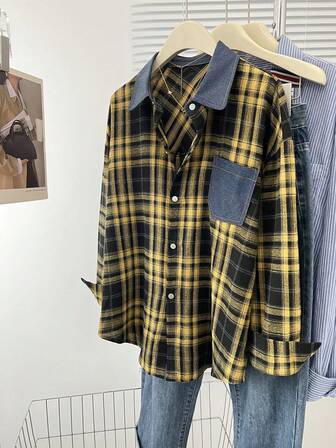 Damskjorta med rutig lapptäcke och exklusiv denim