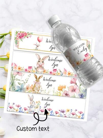 UNICCUT Personalised Birthday Bunny Baby Shower Party Water Bottle Labels Cute Rabbit Welcome Baby Boy Girll Decor Easter
