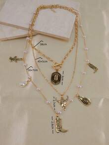 Conjunto De 3 Peças Estilo Cowboy Ocidental Vintage: Chapéu De Cowboy, Botas De Cowboy, Colar Com Pingente De Metal Em Forma De Cacto E Cabeça De Touro, Colar Com Pingente De Bota Com Corrente De Pérolas Em Camadas Retrô - Multicolorido - Ver 7