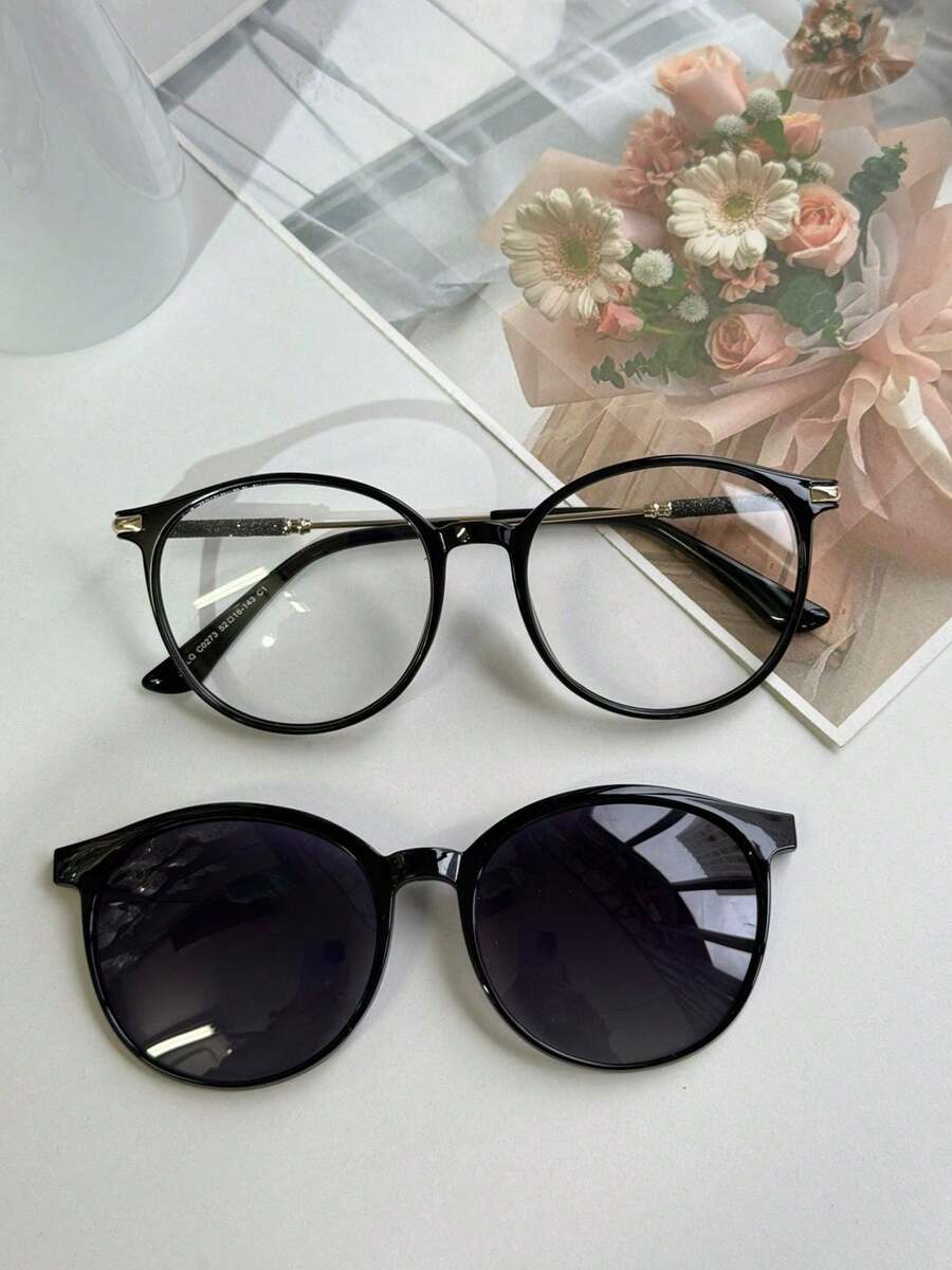 2-In-1 Round Clip-On Glasses Frame With Shine, Model 0273 - Black - View 1