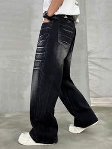 HEHCN Men's Black Loose Fit Jeans, Lightning Scratch Distressed Wash, Fashion Casual Baggy Retro Wide Leg Jeans, Suitable As Gift For Husband, Boyfriend, Grunge - Black - View 5