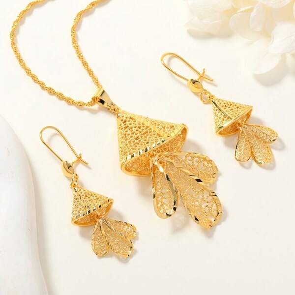 2 pièces Ensemble de bijoux en dentelle de feuille dorée élégante - Collier et boucles d'oreilles de luxe vintage, en cuivre avec motifs floraux, parfait pour les mariages et les cadeaux de Ramadan, bijoux et accessoires