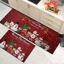 1pc Home Decor, Snowman & Christmas Tree Pattern Print, Christmas, Christmas Gift, Christmas Decoration, Diatomite Kitchen Carpet, Kitchen Mat, Rug, Rectangle Carpet, Suitable For Living Room, Bedroom, Hallway, Bathroom, Laundry Room - Polyester Carpet, Suitable For Indoor And Outdoor Home Decor