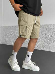 Men's Cool Multi-Pocket Design With Drawstring Detail Straight Leg Cargo Shorts - Khaki - View 3