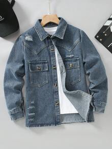 Tween Boy Distressed Pocket Long Sleeve Blue Denim Jacket - Blue - View 1