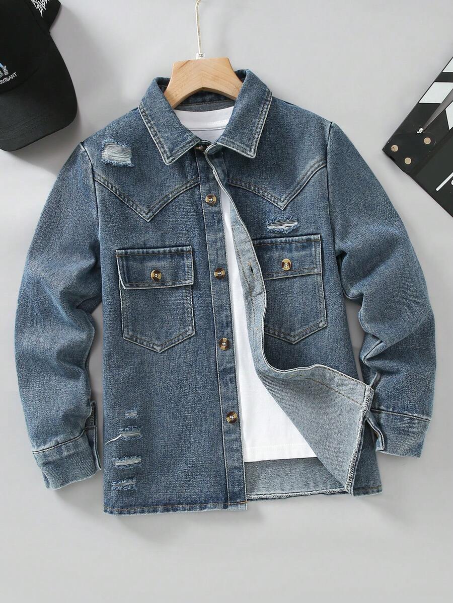 Tween Boy Distressed Pocket Long Sleeve Blue Denim Jacket - Blue - View 1