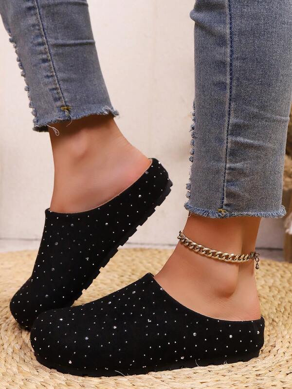 Autumn/Winter New Soft Bottom Slip-On Flat Slippers With Rhinestone Embellished Upper, Thick Sole Casual Shoes Suitable For Home, Daily Commute And Party Wear
