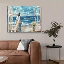 [Inspirational Beach Art] 1pc Wooden Framed/Unframed Fake Window Beach Canvas Wall Painting, Inspirational Beach Wall Decor, God Walk With Me Beach Wall Sticker, Farmhouse Coast Floral Wall Painting, Ocean Seagull Theme, 2D Flat Print Poster