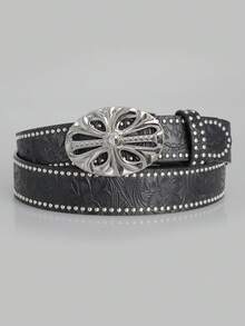 1 件经典女士压花腰带，西部牛仔腰带扣波西米亚风格腰带金属扣个性化时尚，男女通用街头时尚 Y2K 腰带，适合搭配牛仔裤，适合男士女士，是送给家人和朋友秋季、秋季、万圣节的理想礼物 - 黑色白K扣 - 查看 6