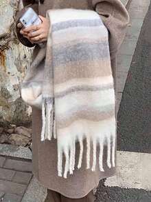 女士优雅针织围巾，条纹印花流苏围巾 - 舒适、防风、保暖，适合秋冬季节 | 理想的节日礼物