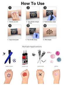 630 件 16 件临时纹身模板可重复使用贴纸闪光纹身模板半永久纹身脸部彩绘人体艺术模板成人音乐节 - 黑與白 - 查看 5