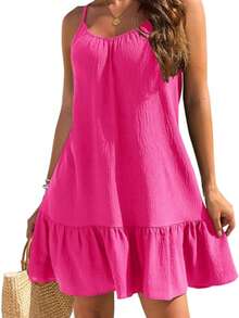 Đồ bơi nữ, Đầm đi biển nghỉ dưỡng 2025, Đồ bơi dây mảnh, Đồ bơi trơn màu có viền bèo nhún, Đồ mặc nhà lễ hội bãi biển - Màu Hồng Tươi - Xem 2