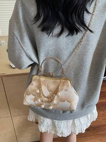 新款中国风民族风绣花包包女夏季新款珍珠金属链条装饰时尚五金手提包手拿包斜挎包 - 米色 - 查看 4