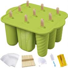 Silicone Popsicle Molds, Ice Pop Cream Mold, Popsicle Molds With Sticks, Ice Popsicle Maker- With 50 Sticks, 50 Bags, 50 Tie Wraps, Brush And Funnel (Green, 9 Cavities)