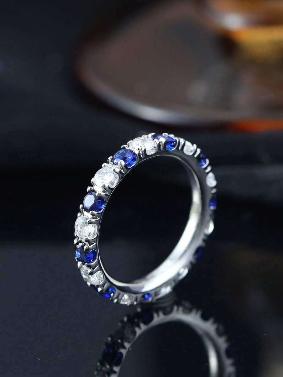 1pc S925 Silver Fully Paved Unisex Ring, Decorated With Synthetic Blue Sapphire And Moissanite, Suitable For Daily Wear, Birthday, Father's Day, Mother's Day Gift - Bạc - Xem 1