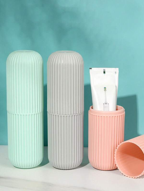 1pc Vertical Striped Travel Toothbrush Case, Portable Toothbrush Holder Set With Cup, Oral Care Storage Box For Home And Travel
