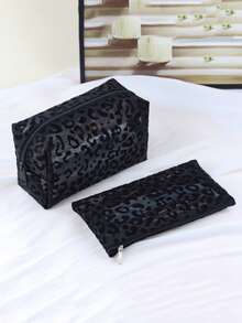 Minimalist Fashion Makeup Organizer, 3 Pieces Set Black Breathable Leopard Print Cosmetic Bag, Convenient Dual Handle Toiletry Bag, Beach Bag, Suitable For Travel, Daily Use, And Gift Giving - Black - View 4