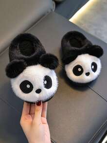 1双儿童毛绒拖鞋，男童冬季居家厚底保暖卡通可爱熊猫拖鞋 - 黑色 - 查看 5