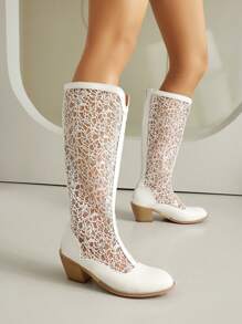 女士新款网眼靴，夏季透气薄款圆头粗跟中筒靴，后拉链，V 型高筒网眼凉鞋靴