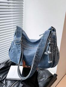 حقيبة كروس بودي كاجوال شيك ناعمة من الجينز متعددة الطبقات مع جيوب متعددة، حقيبة كتف نسائية كبيرة السعة متعددة الاستخدامات مناسبة للذهاب للعمل والتسوق والسفر