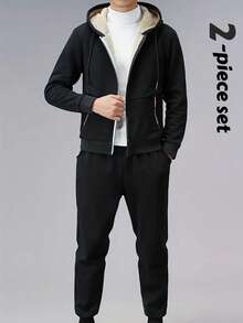 2 件男士运动连帽运动服，保暖内衬连帽衫 + 休闲厚运动裤，百搭保暖服装，适合日常穿着 - 彩色 - 查看 2