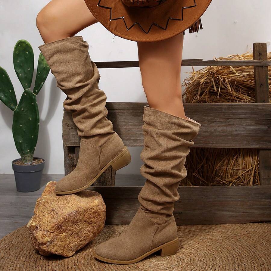 1 Paar schwarze Wildleder Plissee Stiefel bis zur Mitte des Wades, im Vintage Western Stil, weiches Wildledermaterial, geeignet für den täglichen Gebrauch, Musikfestivals, Jahreszeiten: Frühling, Herbst, Winter, einzigartiges Plissee-Design verleiht einen modischen Touch, kann mit Cowboyhut für einen stilvollen Look kombiniert werden.