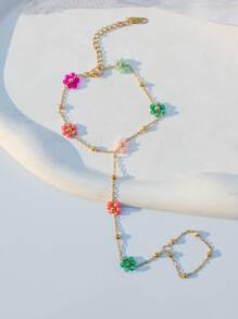 1pc Elegant Handmade Beaded Colorful Flower Design Stainless Steel Full Finger Ring Chain Bracelet For Women