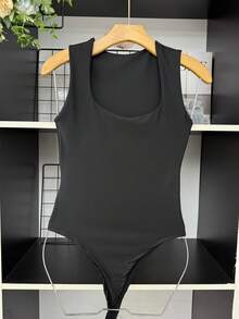 ELLIE Women's Suplex Bodysuit With Square Neckline And Thin Straps - Black - View 1