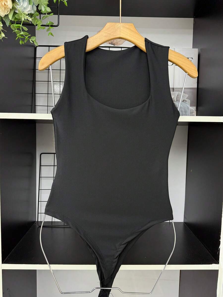 ELLIE Women's Suplex Bodysuit With Square Neckline And Thin Straps - Black - View 1