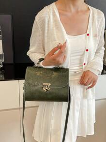 1pc Fashionable Pu Leather Embossed Handbag With Metal Lock Design, High-End Texture, Shoulder Bag Or Tote Bag - Green - View 2