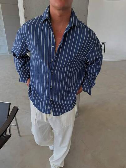 Men's Blue & White Striped Long Sleeve Casual Shirt, Relaxed Fit, Versatile & Minimalist Design, Suitable For Multi-Season Everyday Wear, Comfortable & Breathable, Linen-Like Texture, Fall