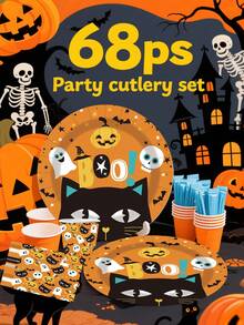 68 Pieces, Halloween Party Supplies - Suitable For Halloween Themed Party Gift Tableware, Dessert Plates, Cups, Napkins, Tablecloths, Straws, Suitable For Halloween Cowboy Western Boy Birthday Party Supplies, Decorative Napkins, Forks, Decorative Tableware Sets, Suitable For Horse Themed Party Gift Tableware, Derby Day Plates And Napkin Sets,