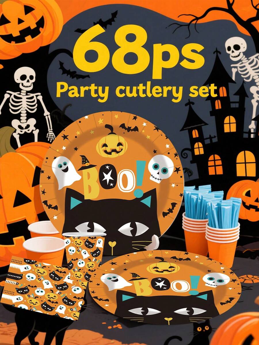 68 Pieces, Halloween Party Supplies - Suitable For Halloween Themed Party Gift Tableware, Dessert Plates, Cups, Napkins, Tablecloths, Straws, Suitable For Halloween Cowboy Western Boy Birthday Party Supplies, Decorative Napkins, Forks, Decorative Tableware Sets, Suitable For Horse Themed Party Gift Tableware, Derby Day Plates And Napkin Sets,
