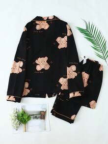 Damski komplet piżamowy z długim rękawem i nadrukiem w misie, z marszczeniami, na jesień i zimę - Czarne - Zobacz 2