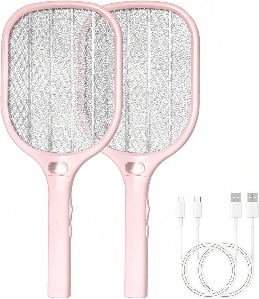 Fly Swatter Racket 3000V Bug Zappers, Mosquito Zappers USB Rechargeable, 1200mAh Mosquitoes Killer Lamp & Fly Zappers With 3 Layer Safety Mesh Home, Bedroom, Kitchen, Patio (2, Pink) - 粉色 - 查看 1