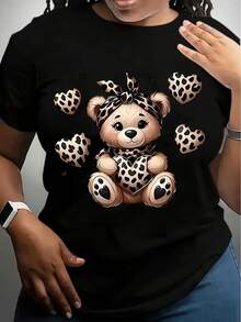 Women's Cute Teddy Bear Graphic T-Shirt - Soft, Breathable, Sweat-Absorbent Casual Sporty Tee With Heart Print Design - Black Polyester Blend For Casual Attire - 黑色 - 查看 1