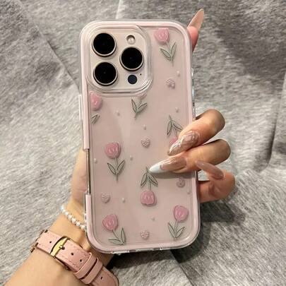 Funda de teléfono con elemento floral rosa 1 pieza, funda de teléfono sólida perforada de color rosa, funda protectora de teléfono con estampado floral en forma de corazón 2D, compatible con iPhone 11/12/13/14/15/16/16 Pro Max/12 Pro/13 Pro/14 Pro/15 Pro/16 Pro/14 Plus/15 Plus/16 Plus/12 Pro Max/13 Pro Max/14 Pro Max/15 Pro Max/16 Pro Max, funda de teléfono de textura delicada, compatible con iPhone 17/17 Pro/17 Pro Max/Air últimos teléfonos Apple, regalo de primavera, cumpleaños, aniversario