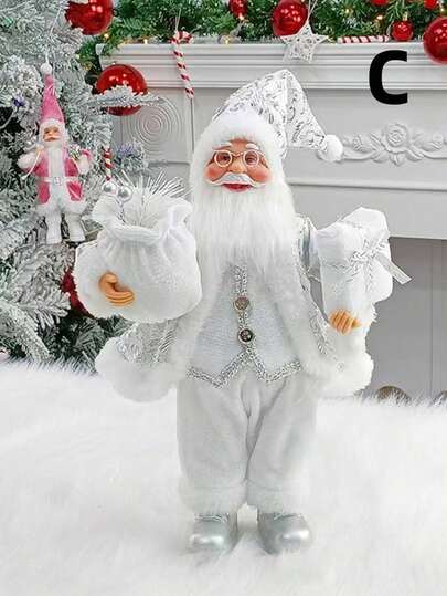 1pc 14-Inch White Sitting Santa Claus Doll, Handcrafted With White And Silver Outfits, Comes With Gift Bag And Gift, Perfect For Home Office Desk, Christmas Party Decor, Holiday Home Decor Gift, Scene Decor, Santa Claus Figurine Decoration,Christmas