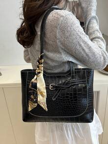 1 pieza Bolso de hombro de mujer de unicolor y de lujo, versátil - Negro - Ver 3