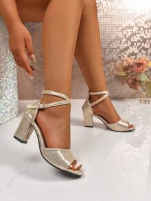 Low Heel Sandals Girl Open Toe Round Toe High Heel Chunky Heel Spring/Summer New Gorgeous Strap Buckle Woven Mid-Heel Versatile Sandals - Gold - View 5