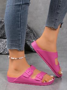 Women's Fashion Rose Red Lightweight Flat Sandals, Adjustable Double Buckle EVA Slippers With Strap, Non-Slip Wear-Resistant Soft Comfortable Shock-Absorbing Outdoor Beach Slippers