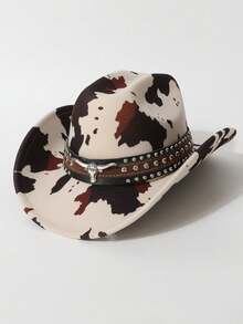 1 pieza Sombrero retro de mujer con decoración de piel de vaca y estampado de leopardo, sombrero de jazz europeo y americano, sombrero de vaquero occidental, adecuado para uso diario, actividades al aire libre, todas las estaciones, gorra de moda, vacaciones, viajes - sombrero de copa - Ver 5
