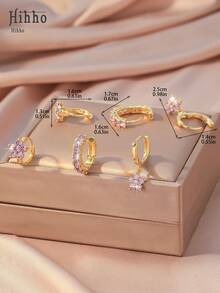 Hihho 6pcs/Set Luxury Sparkling Purple Zirconia Inlaid Floral Pendant Earrings, Matching Everyday Outfits, Elegant Jewelry Purple Earrings - Purple - View 4