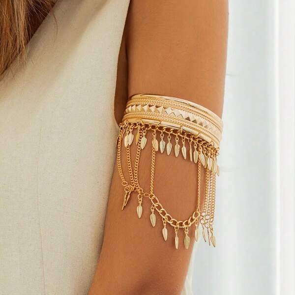 1 pièce Bracelet jonc en métal réglable avec décoration de pièce de monnaie vintage, feuille et gland, style moyen-oriental