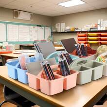 6 pièces Boîte de rangement de style bohème en plastique avec 3 compartiments et poignée. Boîte de rangement portable polyvalente pour la classe, le bureau, les fournitures scolaires, les crayons, les documents, les outils